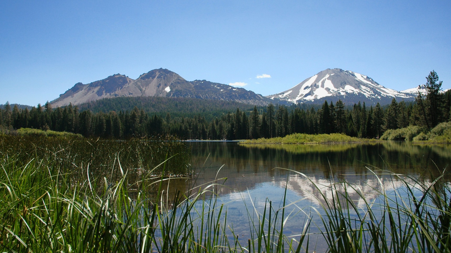 View of the Chaos Crags and Lassen Peak from the side of Manzanita Lake, Lassen Volcanic National Park, California